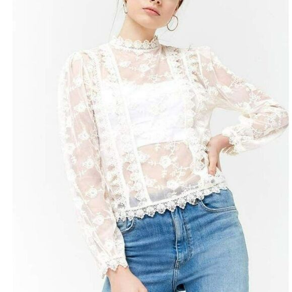 Cream Crochet Lace Long Sleeve Shirt Sheer Micro Mesh Embroidered Size Medium - Picture 1 of 7